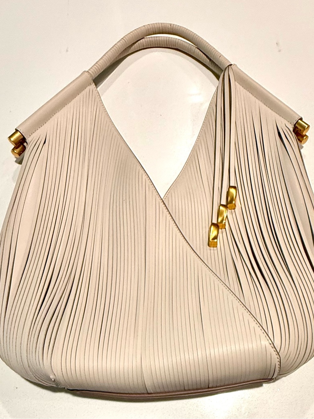 Donna Karan Cream Fringe Shoulder Bag with Gold Hardware